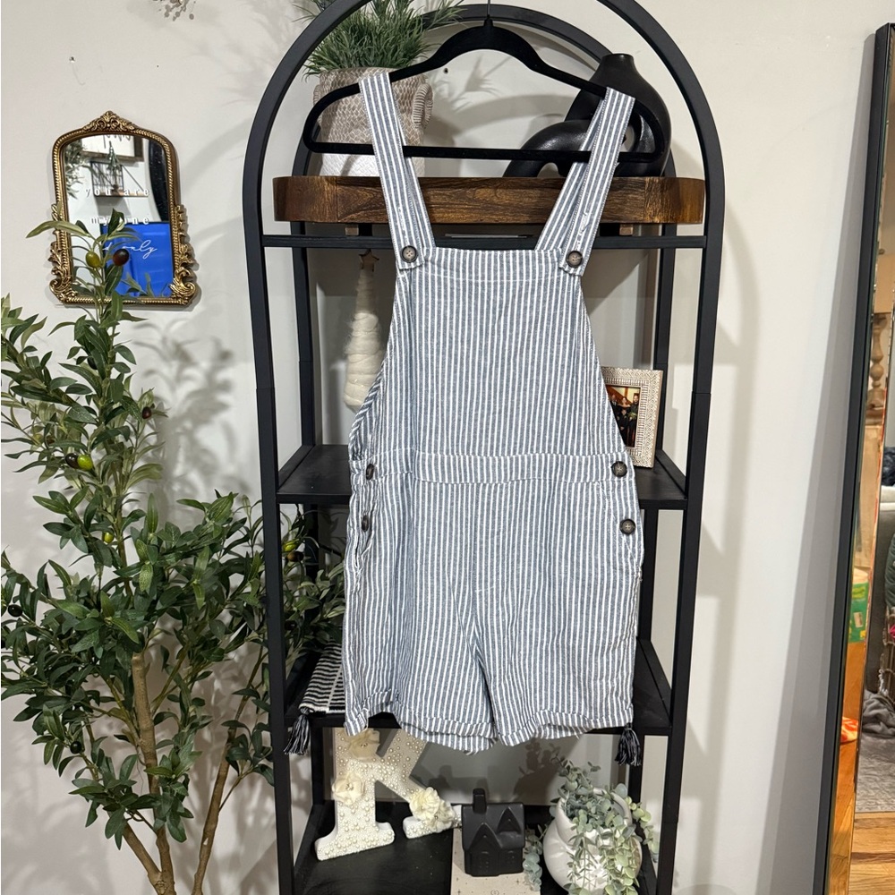 Striped Sleeveless Short Overalls Romper - Blue/White